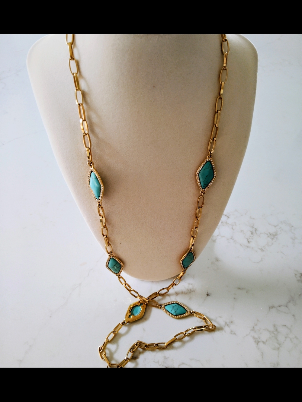 Lauren Ralph Lauren Gold-tone Paperclip Link Necklace with Turquoise Color Stone - Picture 2 of 7